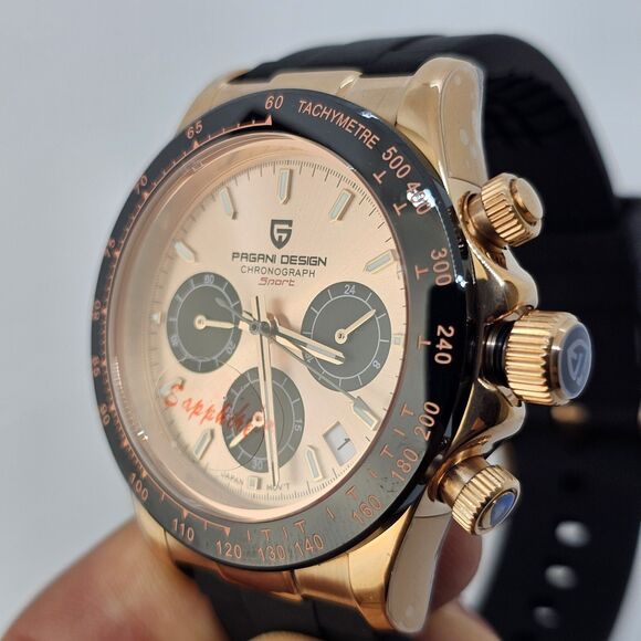 Pagani Design Watch Men's 40MM Gold Dial Black Plastic Red Orange Canvas Bands - Picture 6 of 16